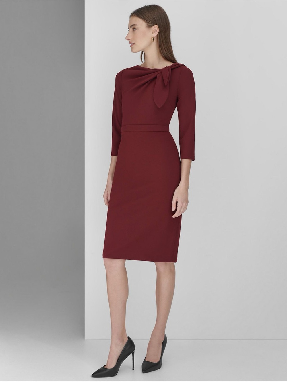 Andrew Marc Elbow Sleeve Neck Tie Burgundy Sheath Pencil Dress Size 12 Large - Picture 2 of 3